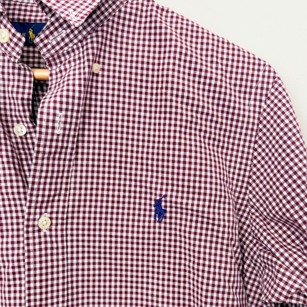 Ralph Lauren Mens Small Button Down Shirt Burgundy White Gingham Check Pony Logo